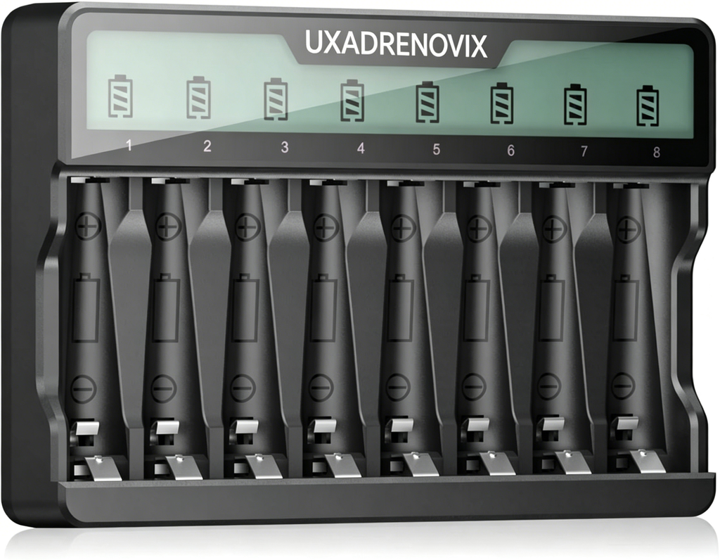 UXADRENOVIX Battery Charger, Batteries for AA AAA NI-MH NI-CD Batteries 8 Charging Place with LCD Display Charger, Universal Mignon AA Micro AAA Battery Charger