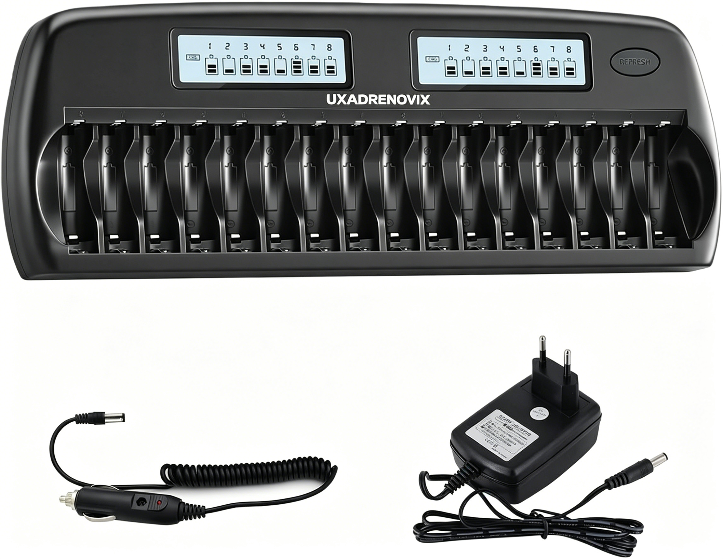 UXADRENOVIX AA AAA Battery Charger 16 Slot Universal LED Battery Charger Intelligent Battery Charger Smart Battery Charger for AA/AAA NI-MH NI-CD Rechargeable Batteries, Black