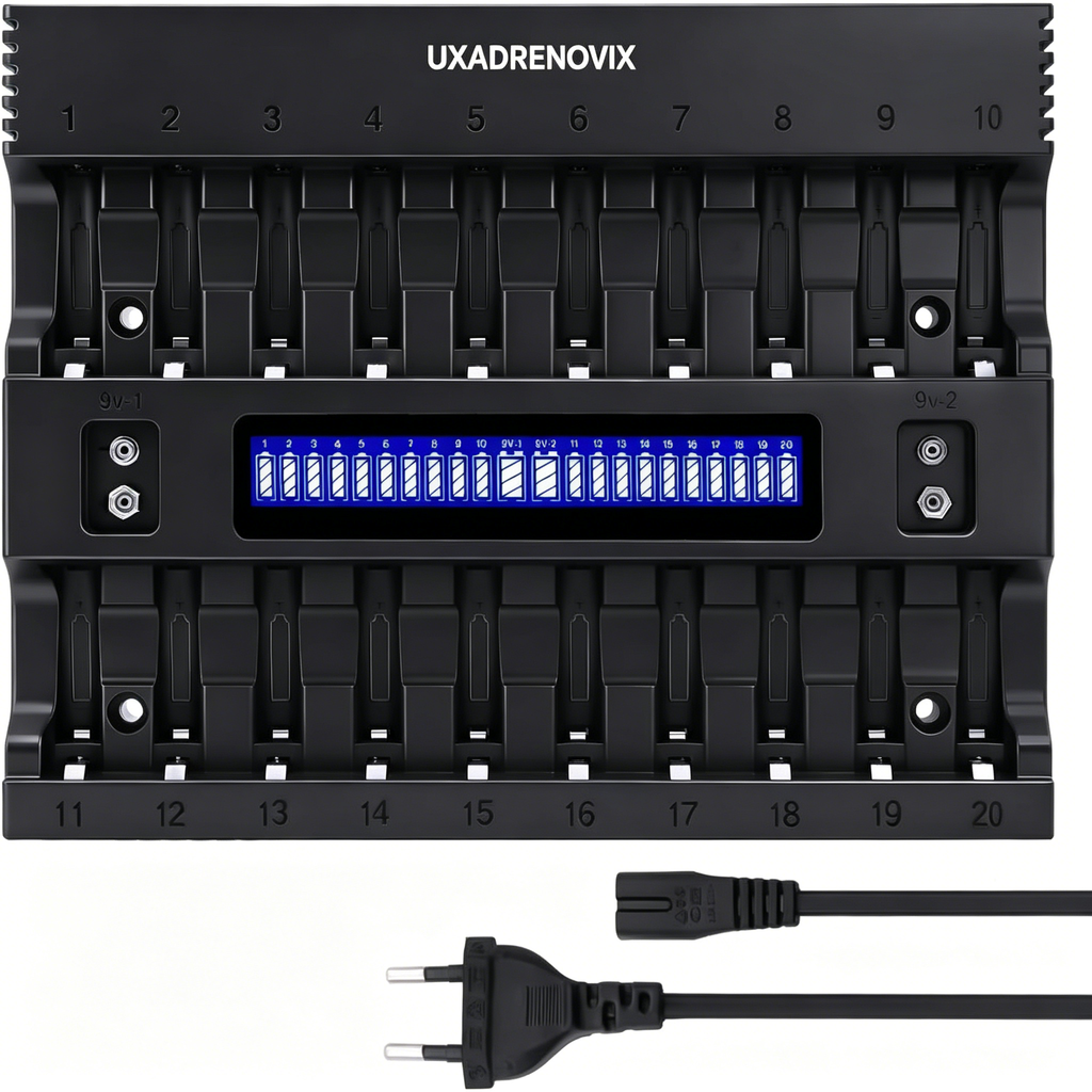UXADRENOVIX AA AAA Battery Charger, 20+2 Slot LED Battery Charger Intelligent Battery Charger for AA/AAA Batteries Rechargeable Batteries and 9 V Batteries, 2 Separate Charging Slots for 9 V Batteries