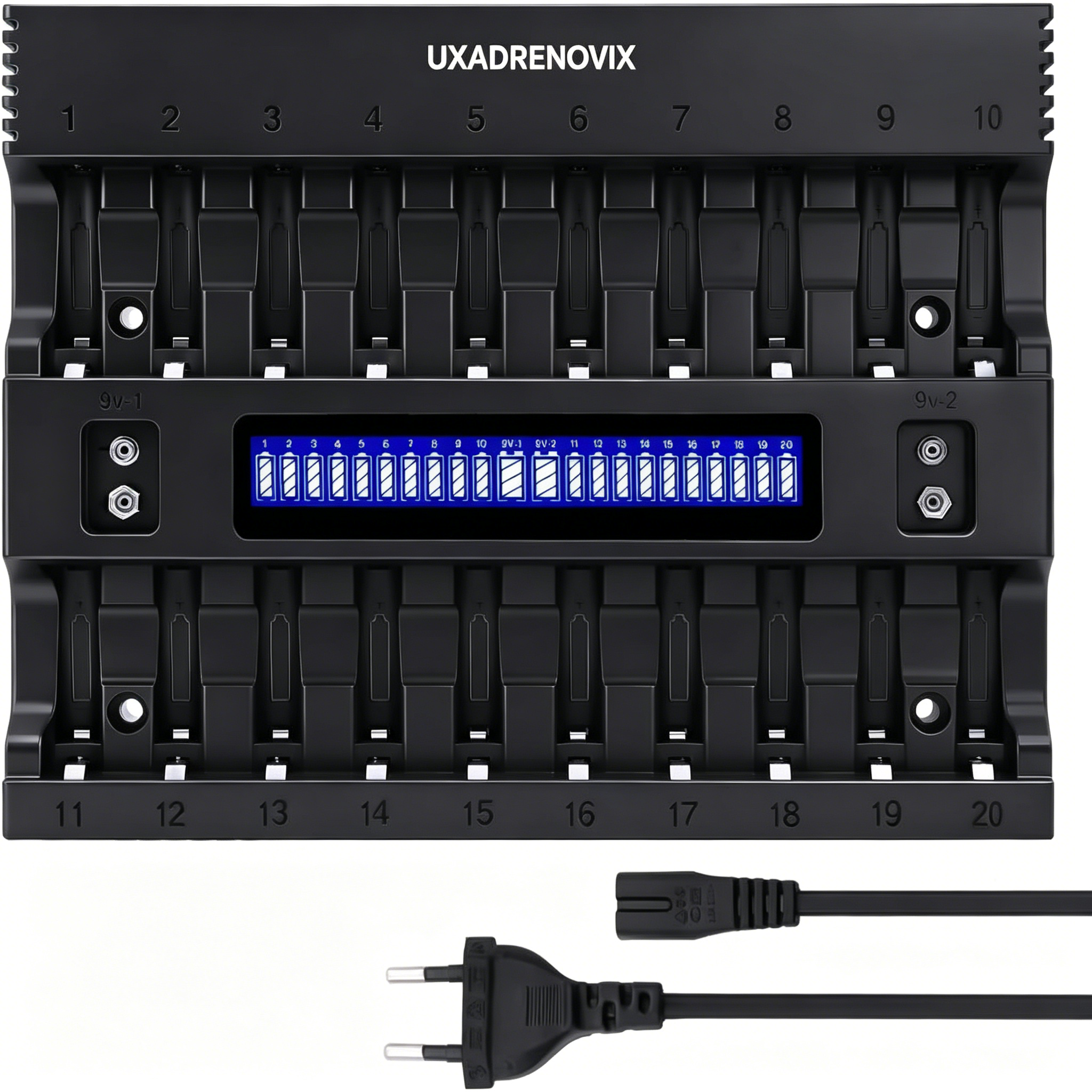 UXADRENOVIX AA AAA Battery Charger, 20+2 Slot LED Battery Charger Intelligent Battery Charger for AA/AAA Batteries Rechargeable Batteries and 9 V Batteries, 2 Separate Charging Slots for 9 V Batteries