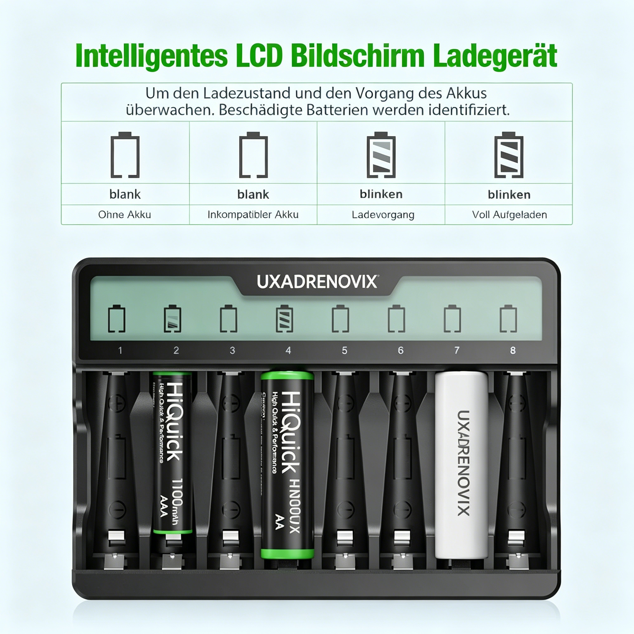 UXADRENOVIX Battery Charger, Batteries for AA AAA NI-MH NI-CD Batteries 8 Charging Place with LCD Display Charger, Universal Mignon AA Micro AAA Battery Charger