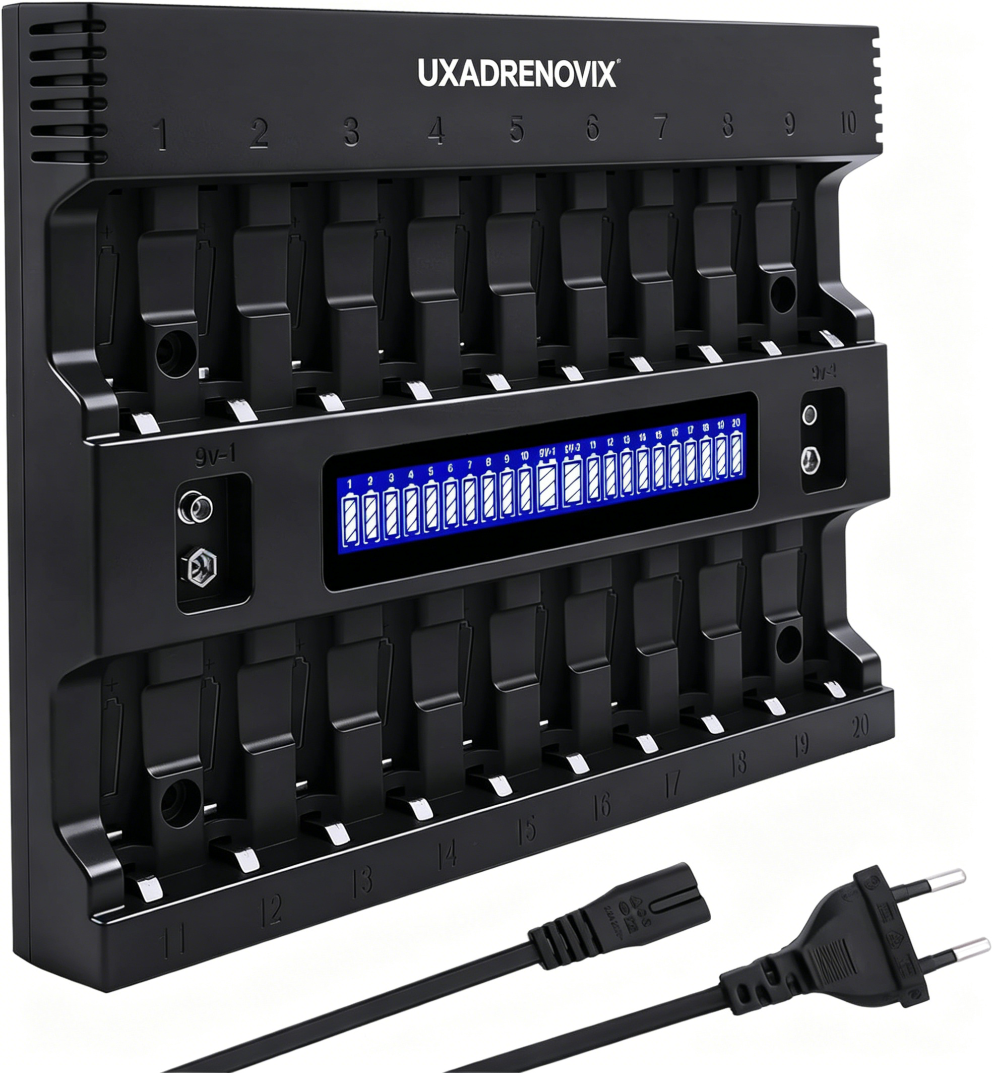 UXADRENOVIX AA AAA Battery Charger, 20+2 Slot LED Battery Charger Intelligent Battery Charger for AA/AAA Batteries Rechargeable Batteries and 9 V Batteries, 2 Separate Charging Slots for 9 V Batteries