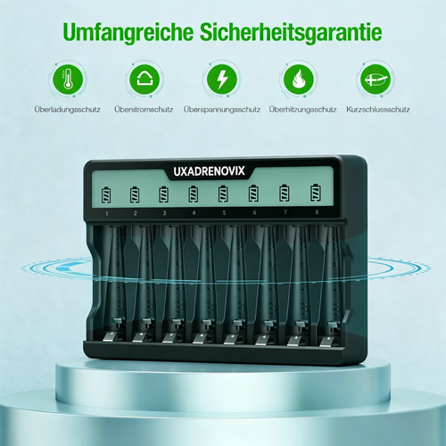 UXADRENOVIX Battery Charger, Batteries for AA AAA NI-MH NI-CD Batteries 8 Charging Place with LCD Display Charger, Universal Mignon AA Micro AAA Battery Charger
