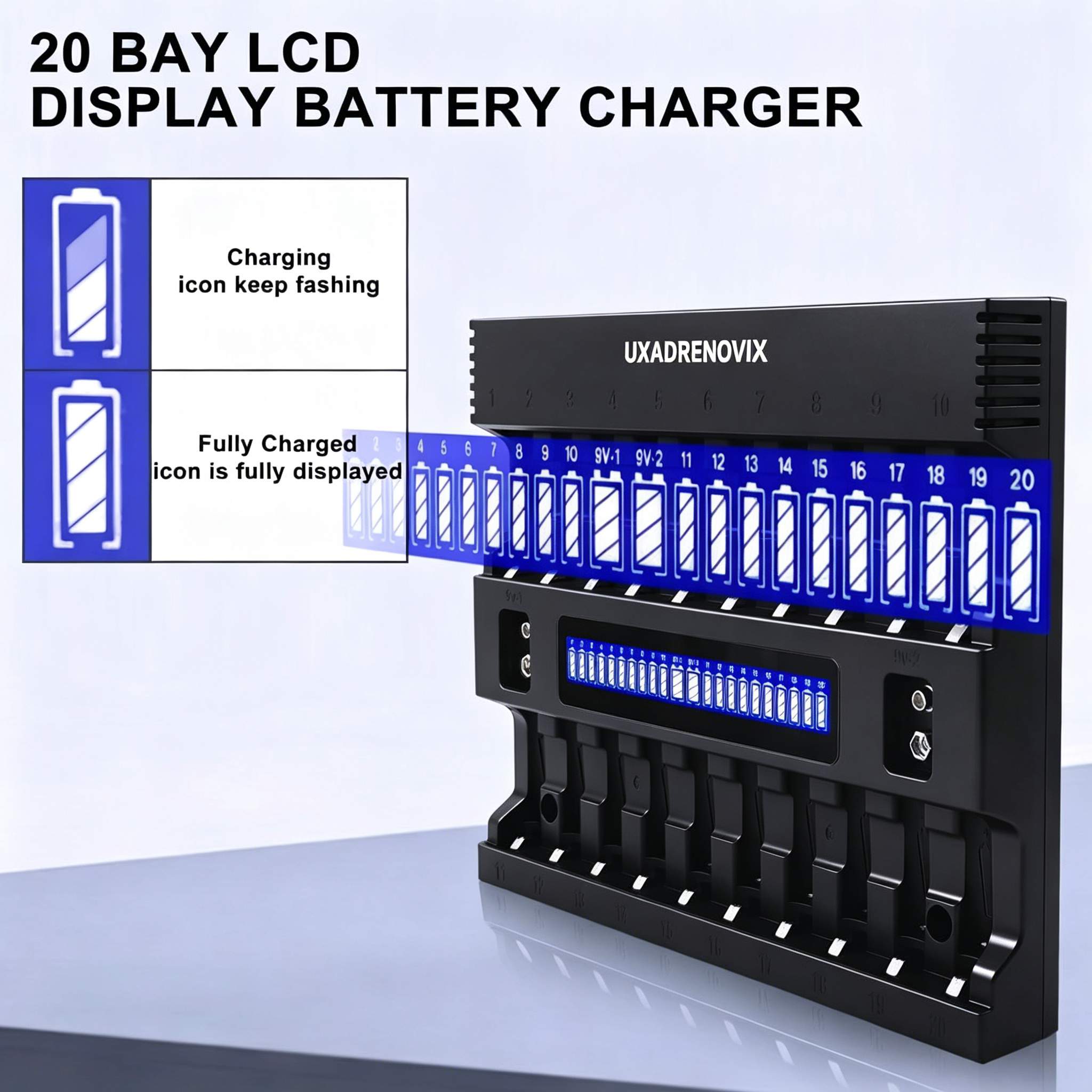 UXADRENOVIX AA AAA Battery Charger, 20+2 Slot LED Battery Charger Intelligent Battery Charger for AA/AAA Batteries Rechargeable Batteries and 9 V Batteries, 2 Separate Charging Slots for 9 V Batteries