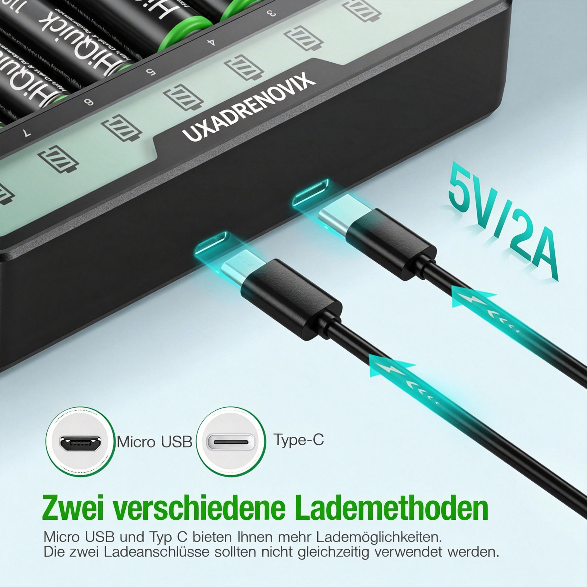 UXADRENOVIX Battery Charger, Batteries for AA AAA NI-MH NI-CD Batteries 8 Charging Place with LCD Display Charger, Universal Mignon AA Micro AAA Battery Charger