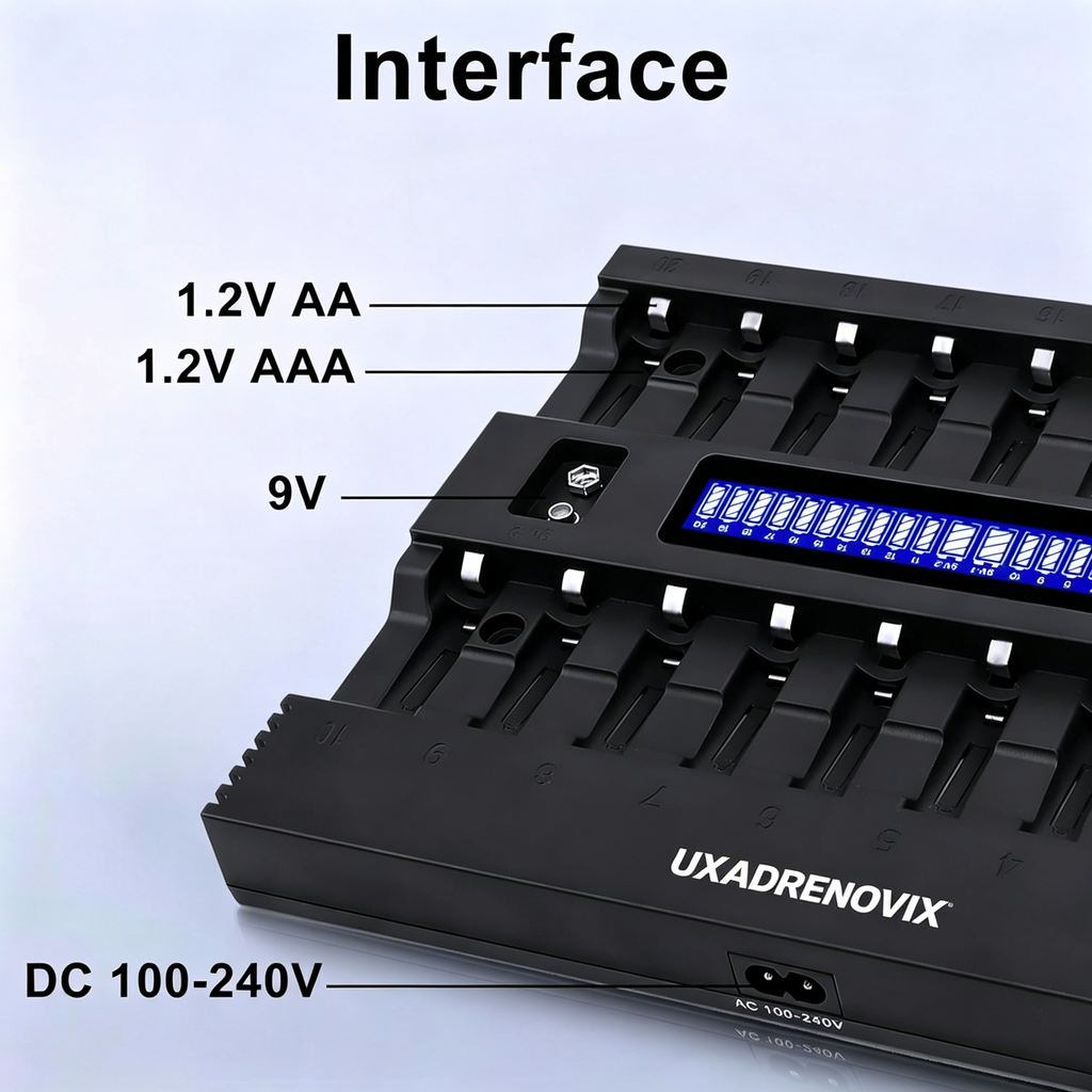 UXADRENOVIX AA AAA Battery Charger, 20+2 Slot LED Battery Charger Intelligent Battery Charger for AA/AAA Batteries Rechargeable Batteries and 9 V Batteries, 2 Separate Charging Slots for 9 V Batteries