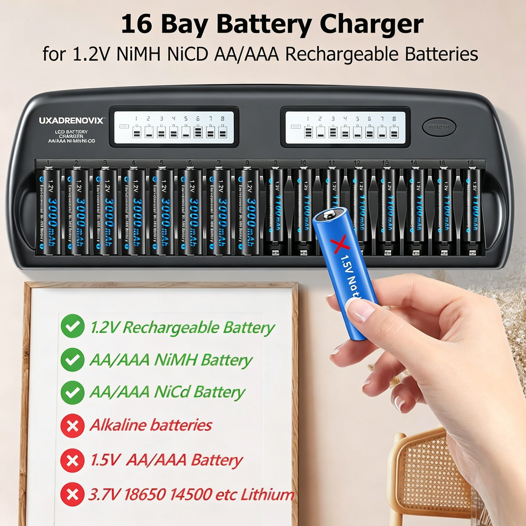 UXADRENOVIX AA AAA Battery Charger 16 Slot Universal LED Battery Charger Intelligent Battery Charger Smart Battery Charger for AA/AAA NI-MH NI-CD Rechargeable Batteries, Black