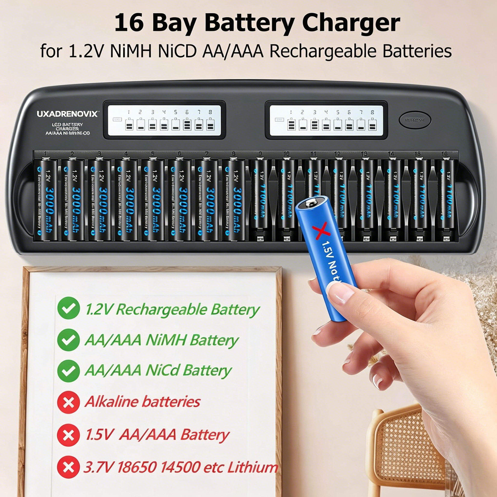 UXADRENOVIX AA AAA Battery Charger 16 Slot Universal LED Battery Charger Intelligent Battery Charger Smart Battery Charger for AA/AAA NI-MH NI-CD Rechargeable Batteries, Black