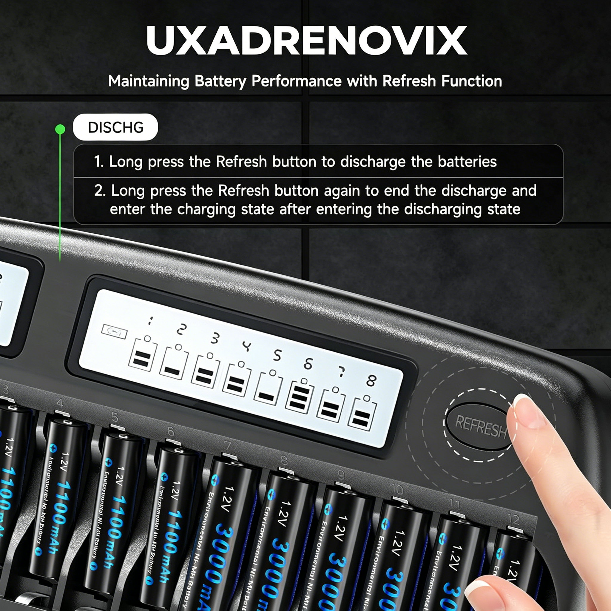 UXADRENOVIX AA AAA Battery Charger 16 Slot Universal LED Battery Charger Intelligent Battery Charger Smart Battery Charger for AA/AAA NI-MH NI-CD Rechargeable Batteries, Black