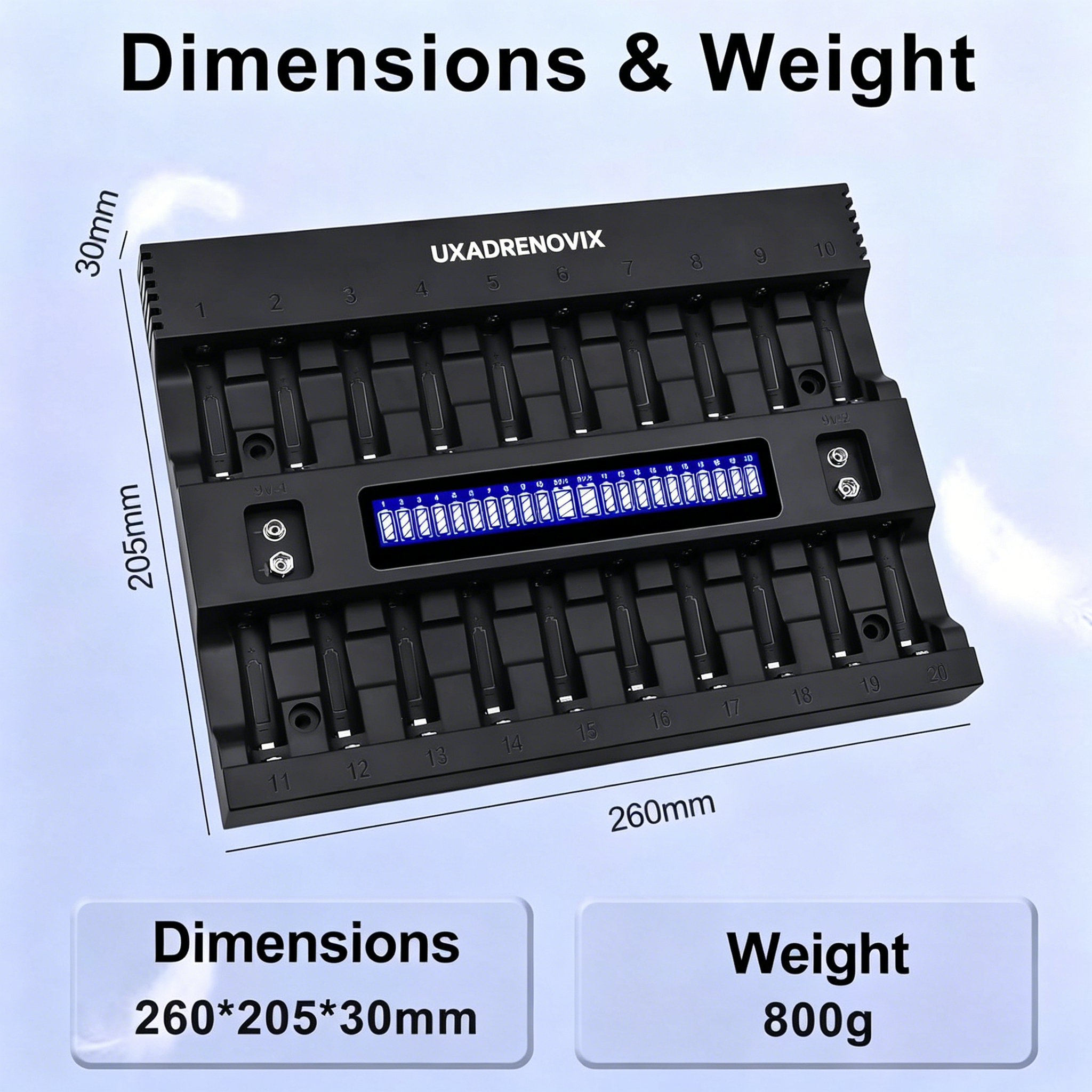 UXADRENOVIX AA AAA Battery Charger, 20+2 Slot LED Battery Charger Intelligent Battery Charger for AA/AAA Batteries Rechargeable Batteries and 9 V Batteries, 2 Separate Charging Slots for 9 V Batteries