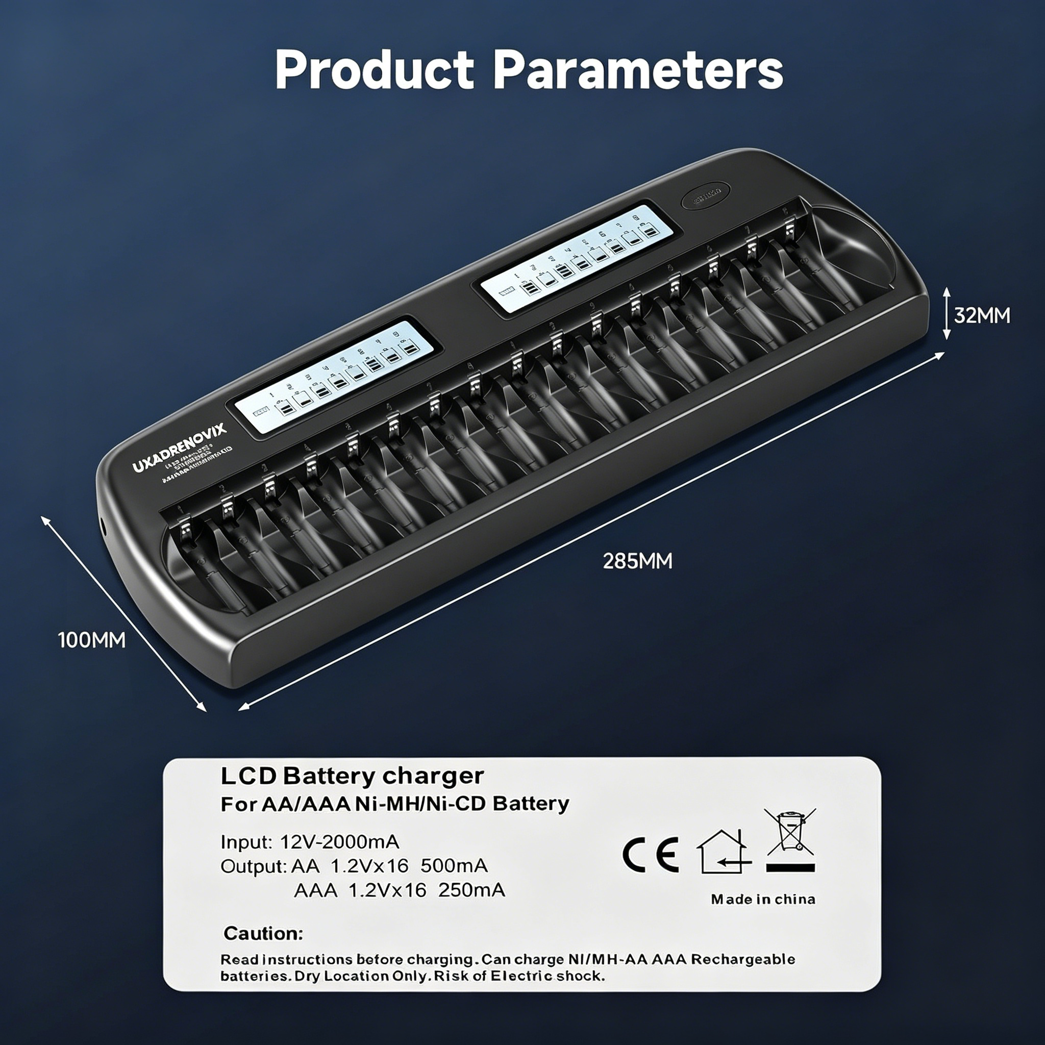 UXADRENOVIX AA AAA Battery Charger 16 Slot Universal LED Battery Charger Intelligent Battery Charger Smart Battery Charger for AA/AAA NI-MH NI-CD Rechargeable Batteries, Black