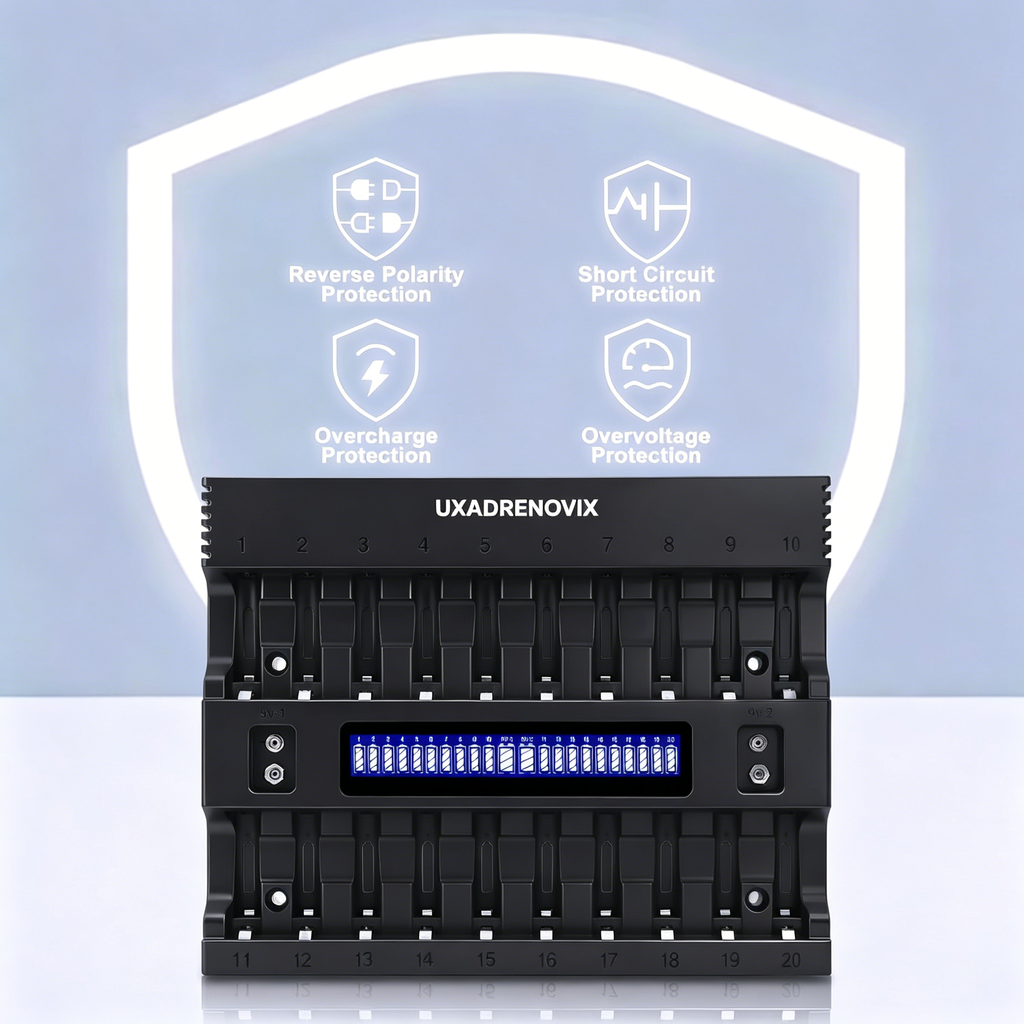 UXADRENOVIX AA AAA Battery Charger, 20+2 Slot LED Battery Charger Intelligent Battery Charger for AA/AAA Batteries Rechargeable Batteries and 9 V Batteries, 2 Separate Charging Slots for 9 V Batteries