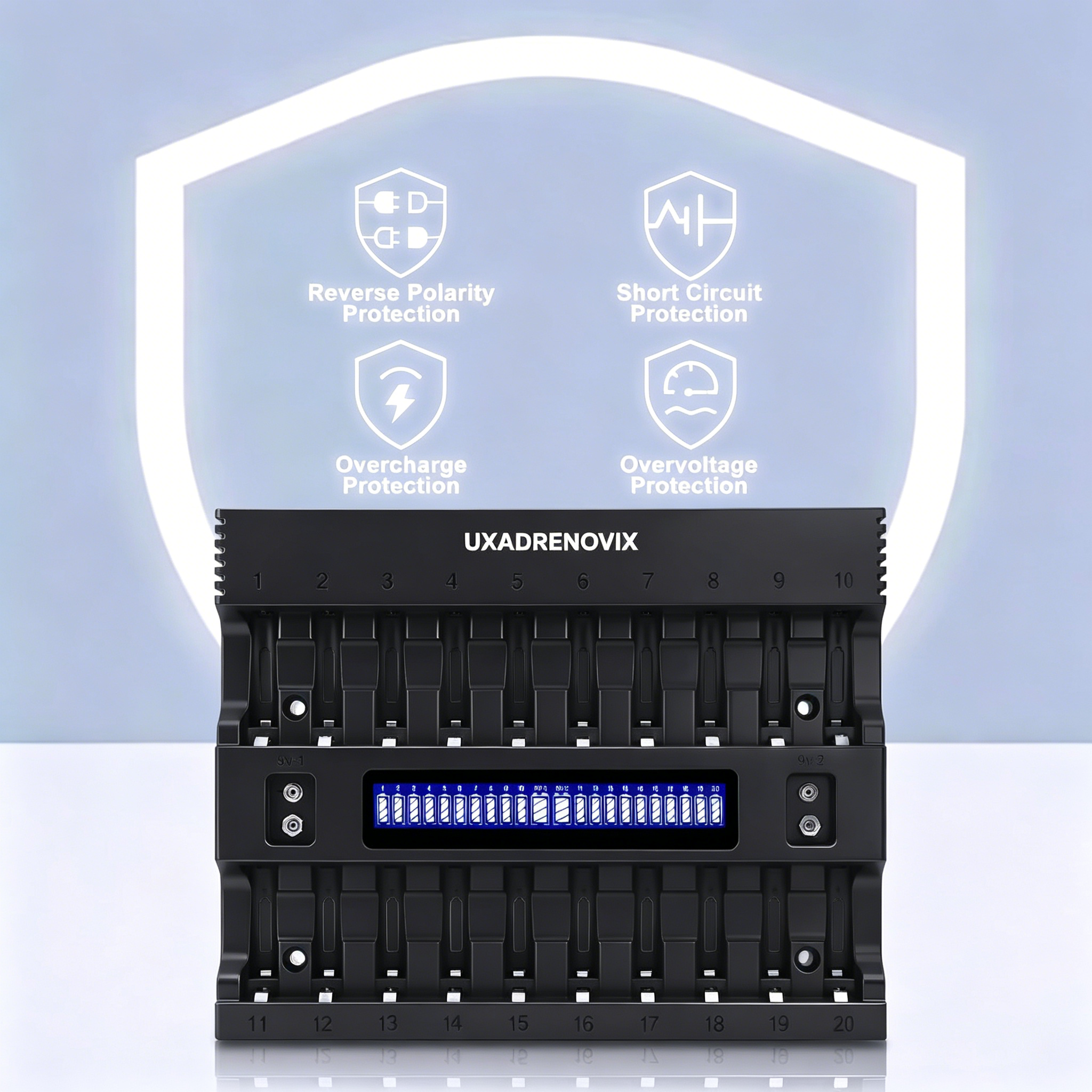 UXADRENOVIX AA AAA Battery Charger, 20+2 Slot LED Battery Charger Intelligent Battery Charger for AA/AAA Batteries Rechargeable Batteries and 9 V Batteries, 2 Separate Charging Slots for 9 V Batteries